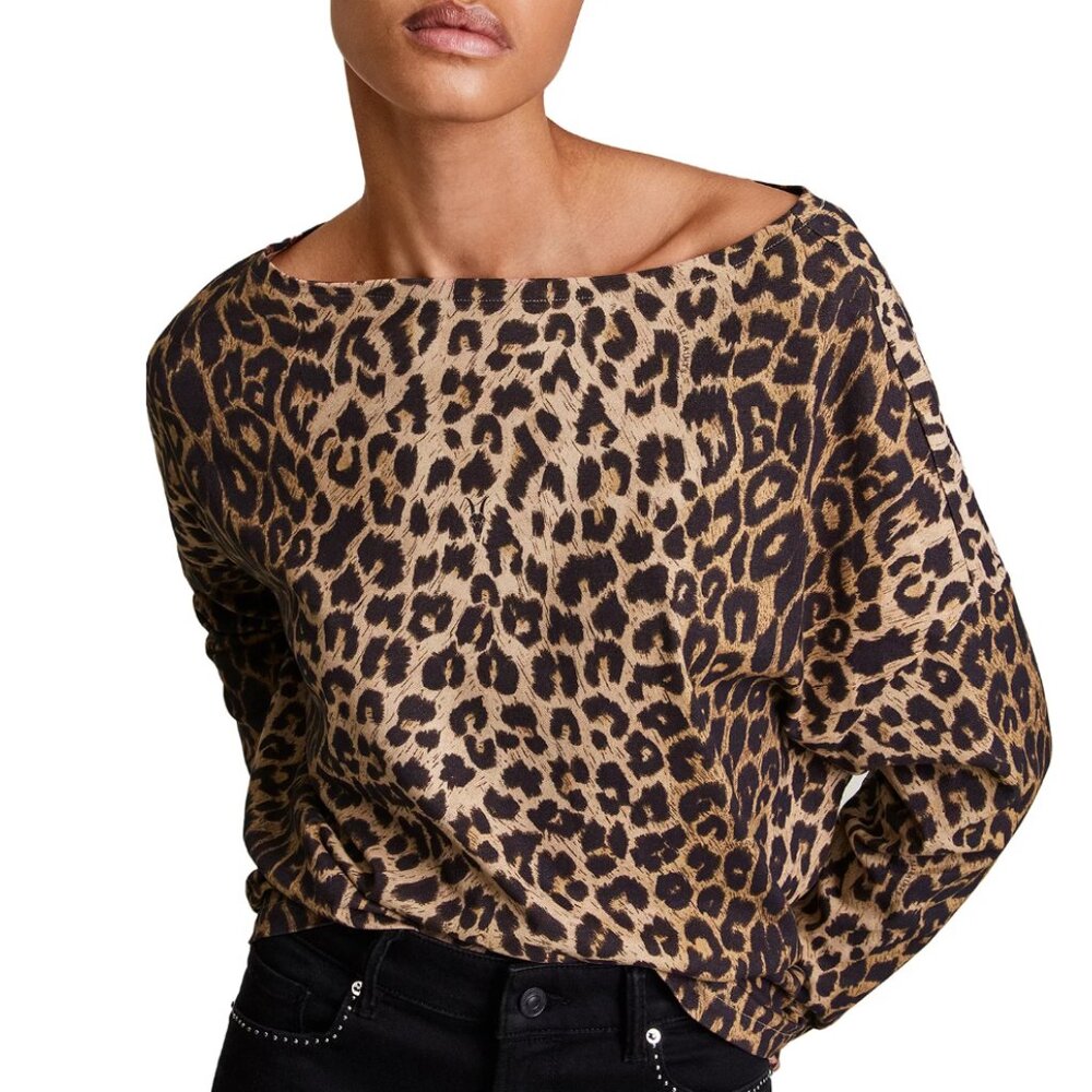 Leopard Print Boatneck Women's Top - Brown/Black